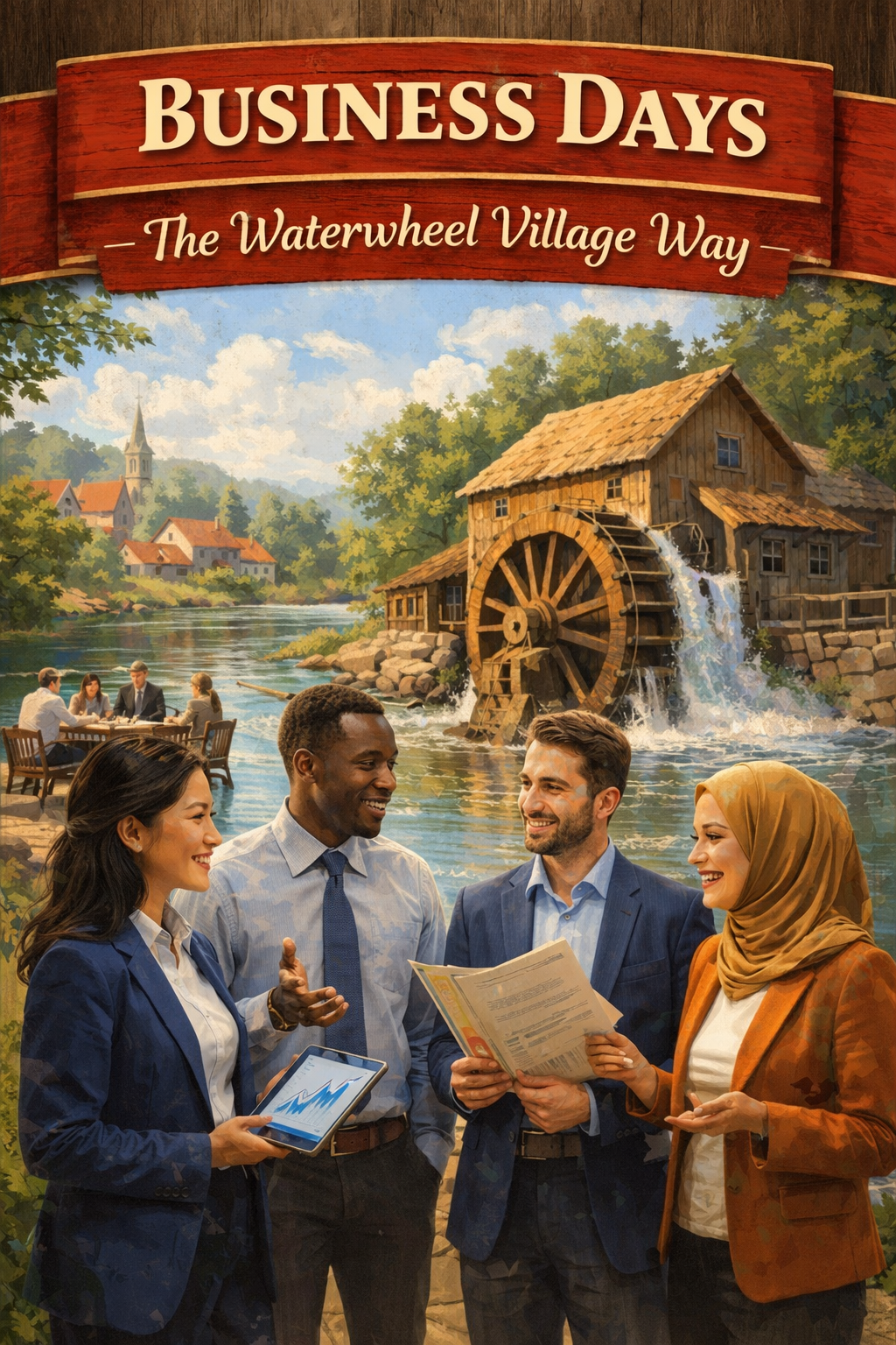 Business Days — The Waterwheel Village Way: book cover with colleagues talking beside the river and the waterwheel mill
