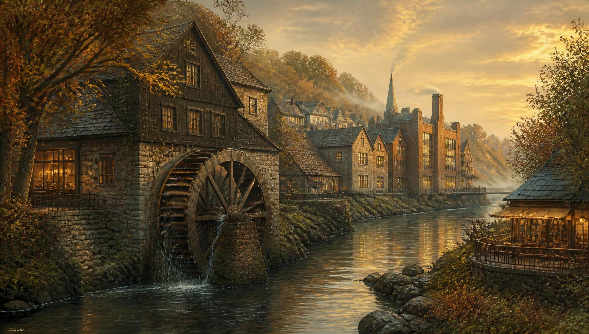 The Waterwheel village at golden hour: an old mill and waterwheel on the river beside a modern factory
